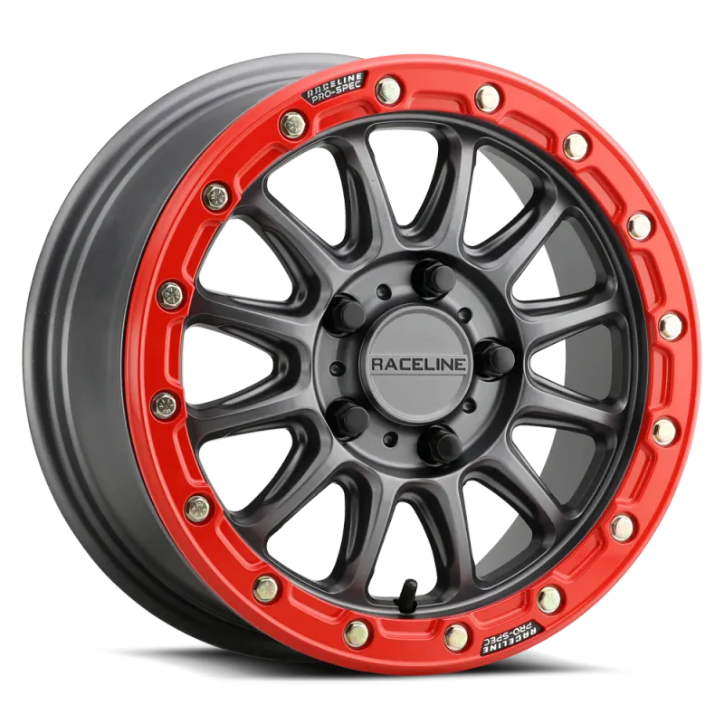 4-Raceline UTV Alpha A14GR Beadlock 15x7 4x136 4x137 +10mm Gunmetal W/Red Ring Wheels
