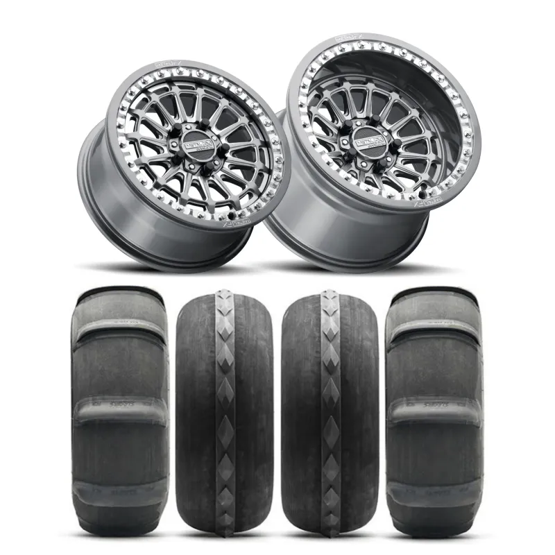 Metal Fx Delta R 15x7 15x10 5x4.5 5x114.3 Gunmetal Contrast Cut Beadlock Wheels With 32x12.5R15 Sandcraft 11 Paddle 2-Rear 2- Mohawk Front Tires (175-215hp)