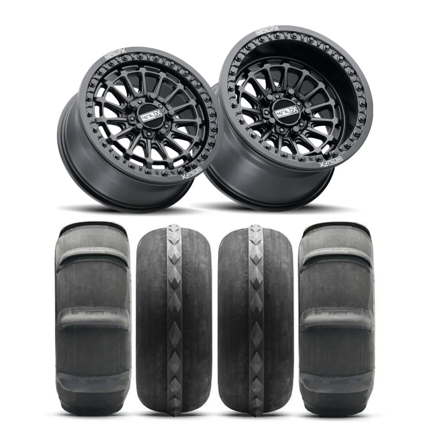 Metal Fx Delta R 15x7 15x10 5x4.5 5x114.3 Satin Black Beadlock Wheels With 32x12.5R15 Sandcraft 11 Paddle 2-Rear 2- Mohawk Front Tires (175-215hp) Metal Fx Delta R 15x7 15x10 5x4.5 5x114.3 Satin Black Beadlock Wheels With 32x12.5R15 Sandcraft 11 Paddle 2-Rear 2- Mohawk Front Tires (175-215hp)