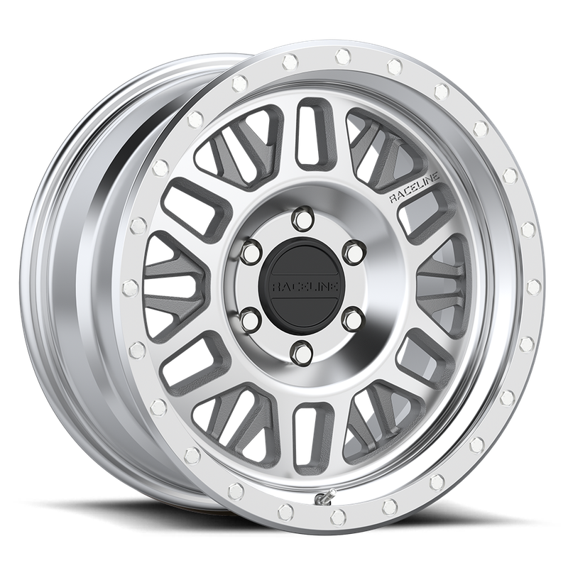 Raceline  Ryno 17x9 6x139.7 6x5.5 -12mm Silver with a Machined Simulated Beadlock