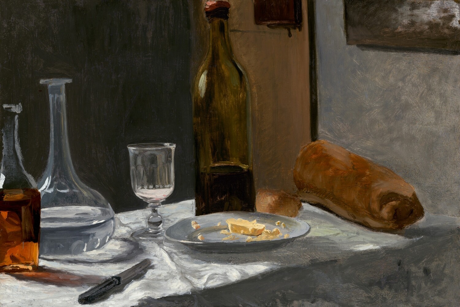 Claude Monet | Still life with bottle, carafe, bread, and wine 1862