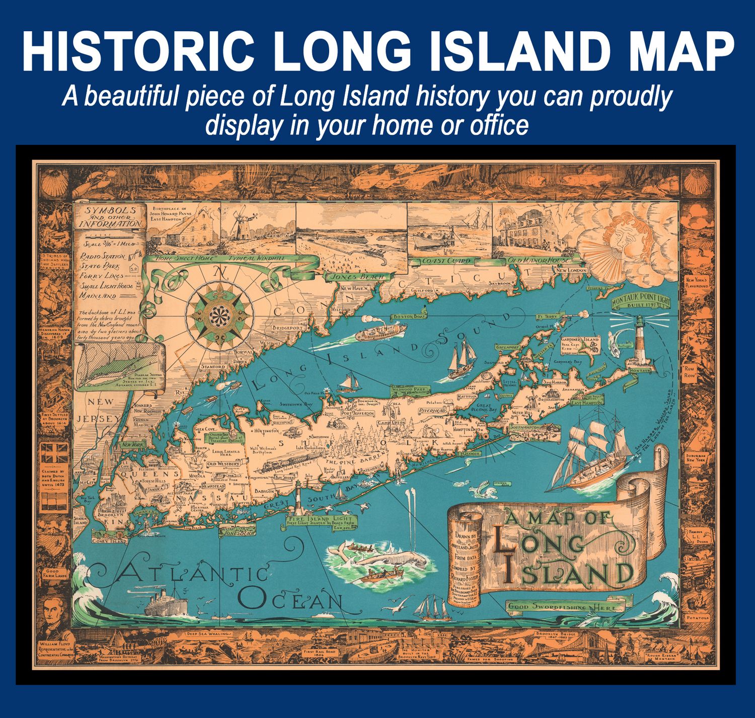 Beautifully Illustrated 1933 Pictorial Map of Long Island | Wall Decor | Business Decor Beautifully Illustrated 1933 Pictorial Map of Long Island | Wall Decor | Business Decor