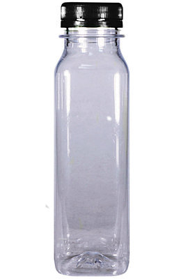250ml, PET, Plastic Square Juice Bottle w/ Black Cap