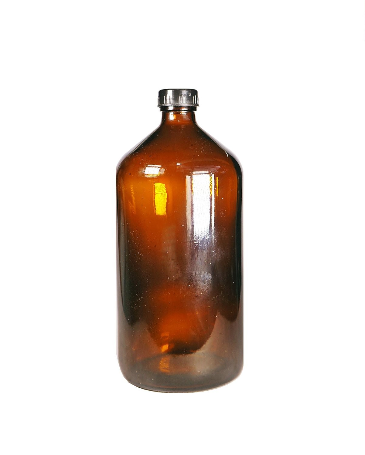 1Liter, Glass Boston Round Amber Bottle (Black Plastic Screw Cap)