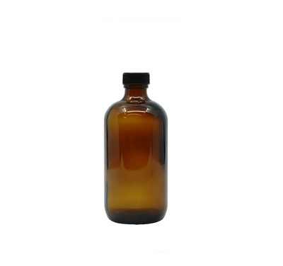 250ml, Glass Boston Round Amber Bottle (Black Plastic Screw Cap)