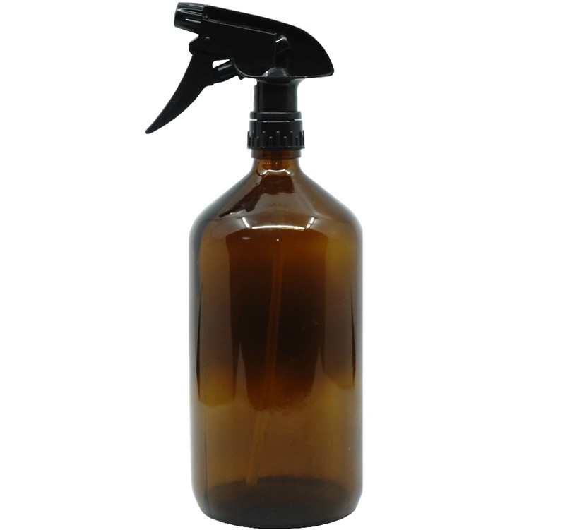 1Liter, Glass Boston Round Amber Bottle (Trigger Sprayer)