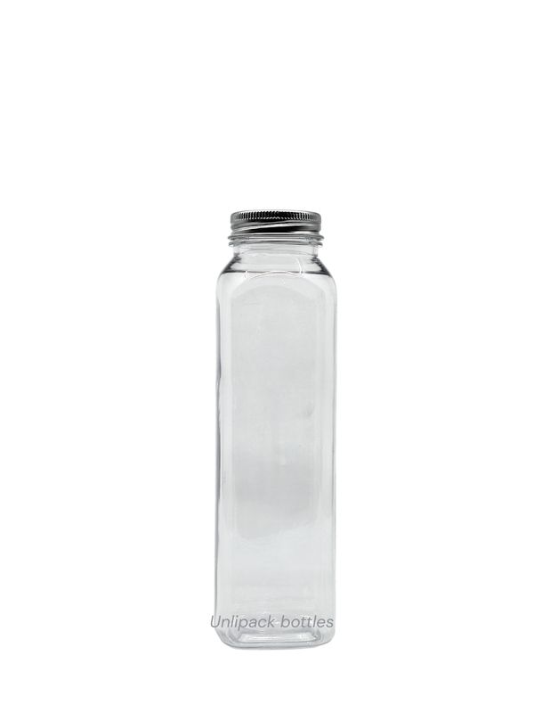 350ml Square Juic PET Plastic Bottle with Silver Aluminum Cap