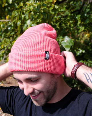 Waffle Knit Beanie: Coral