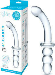 Gläs 8" Ribbed G-Spot double dildo in glass