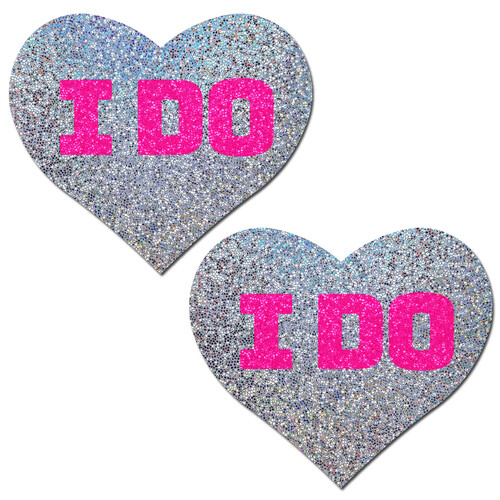 Bridal Silver Glitter Hearts with Pink "I Do" Nipple Pasties
