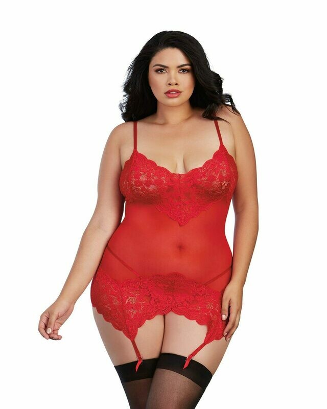 Stretch Lace and Mesh Garter Slip with G-String- Plus Size