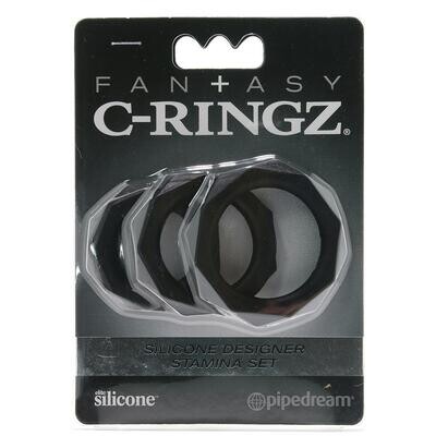 Silicone Designer Stamina Cock Ring 3 pack in Black