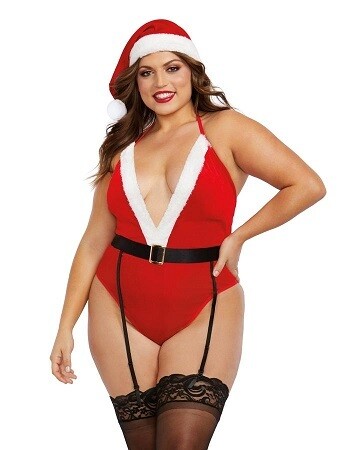 Plus Size Stretch Velvet Santa Themed Teddy with Matching Santa Hat