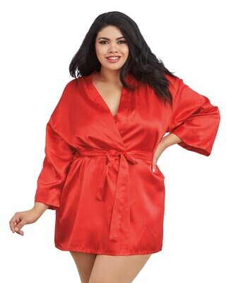Plus Size Satin Robe & Chemise Set-Red