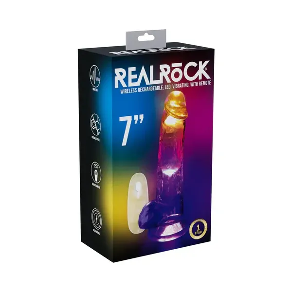 Real Rock 7" Dildo with suction cup base, Wireless, Rechargeable, LED, Vibrating, with Remote
