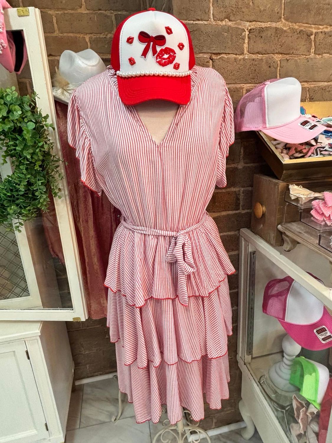 CURVY RED-STRIPE RUFFLE DRESS