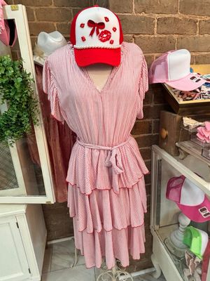 CURVY RED-STRIPE RUFFLE DRESS