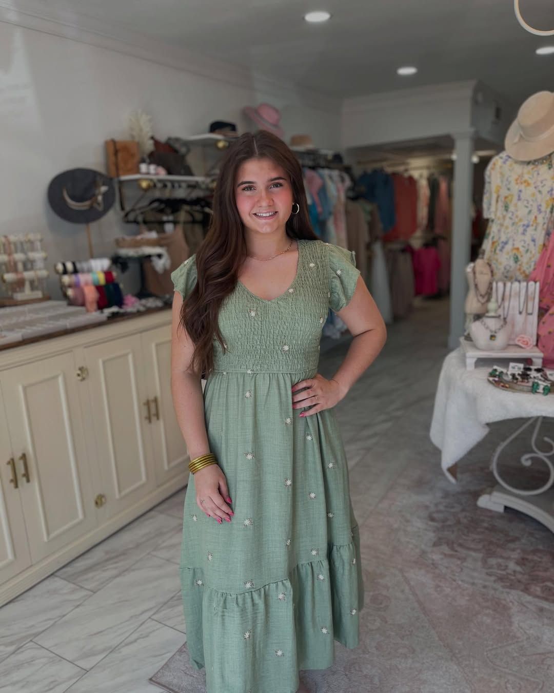 OLIVE FLOWER SMOCKED MIDI-DRESS