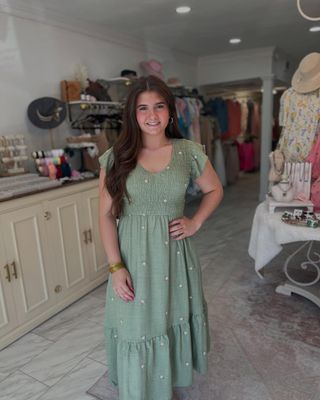 OLIVE FLOWER SMOCKED MIDI-DRESS