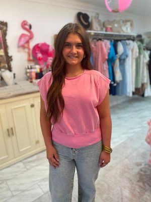 PINK ACID-WASH BANDED TOP