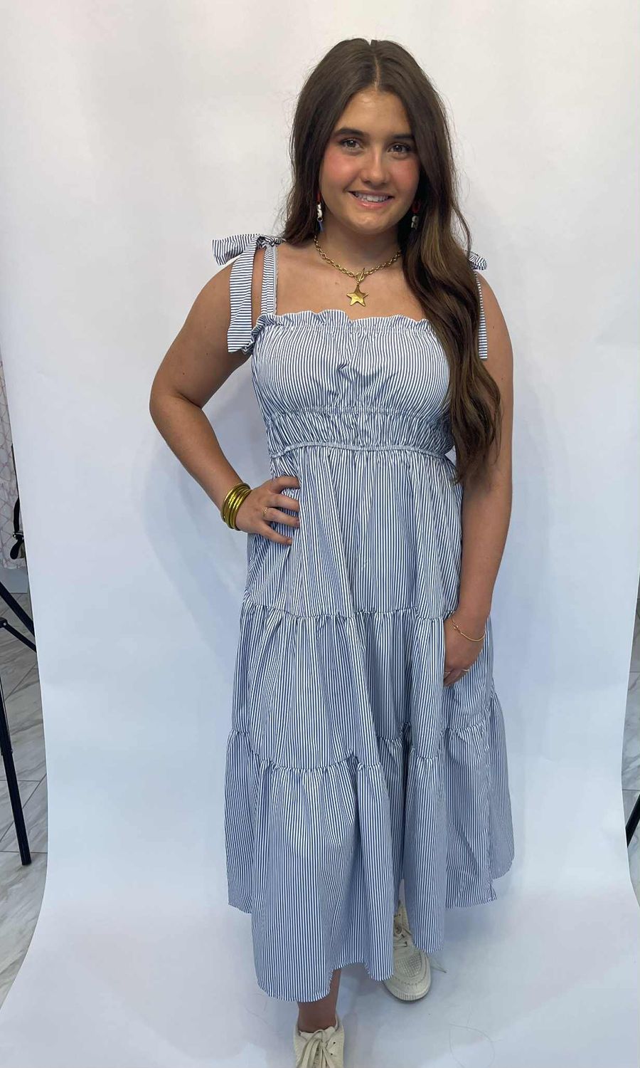 BLUE STRIPED TIE MAXI-DRESS