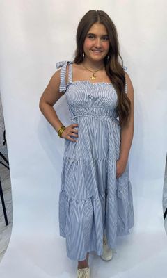 BLUE STRIPED TIE MAXI-DRESS