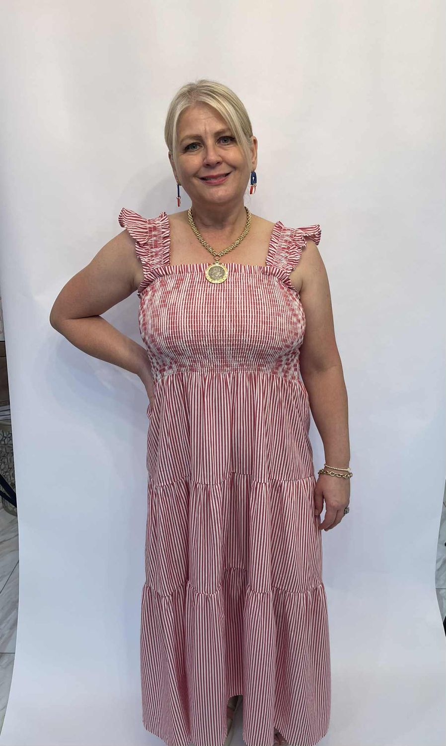 REDSTRIPEDRUFFLEMIDIDRESS