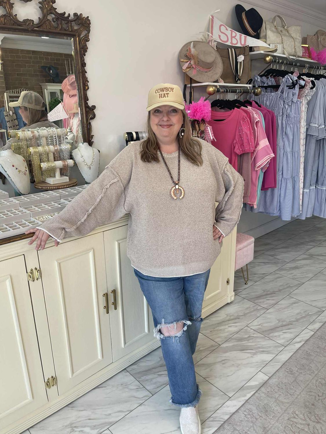 CURVY TAUPE EXPOSED SEAM SWEATER