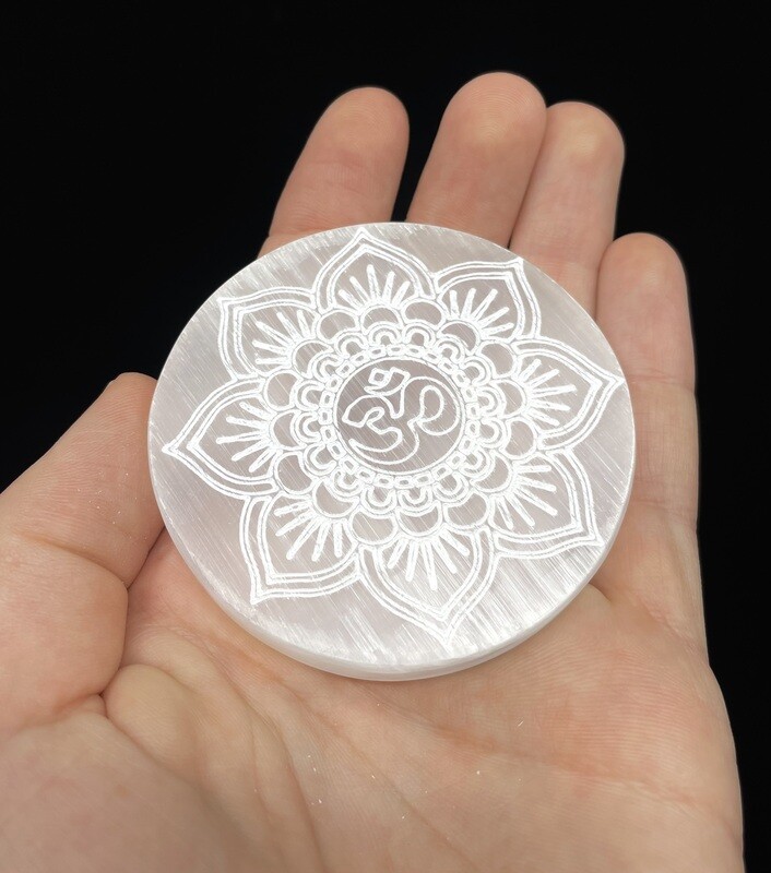 Selenite Om Lotus Engraved Disc