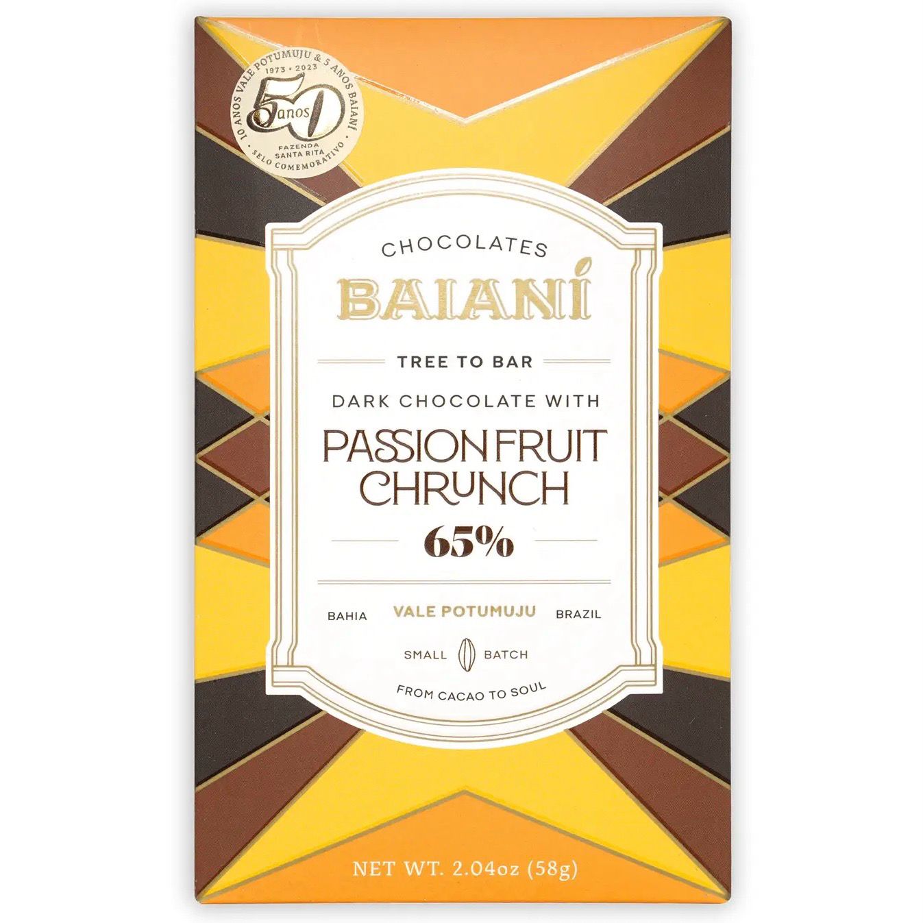 baianí 65% passion fruit crunch chocolate bar