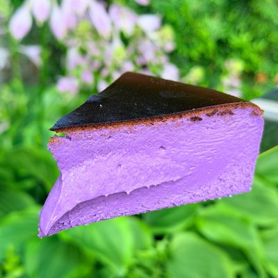 ube basque cheesecake slice