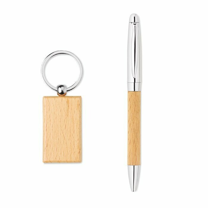 Set de bolígrafo de madera con llavero