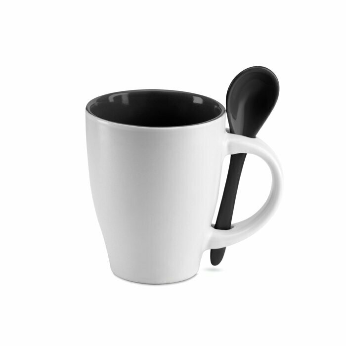 Taza de cerámica con cuchara de colores