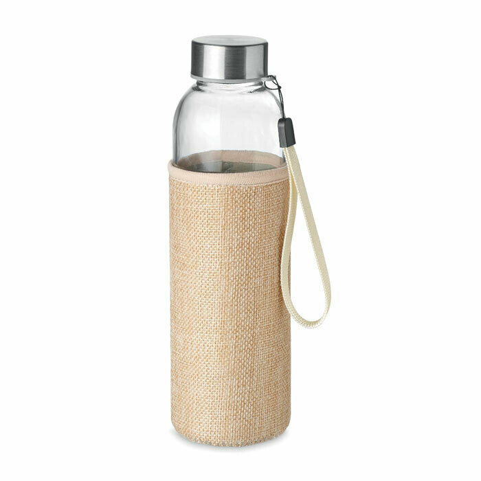 Botella de cristal con funda de neopreno y yute