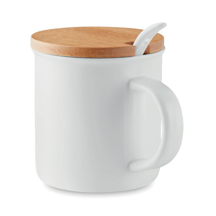Taza de cerámica con cuchara y tapa de bambú  380ml