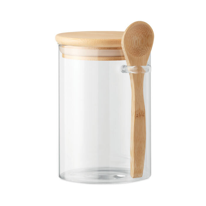 Tarro de vidrio con tapa y cuchara de bambú