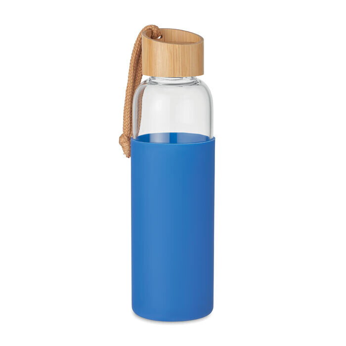 Botella de vidrio con funda de silicona y tapa de bambú con asa de algodón. 500 ml., Talla: Tampografia 1 color