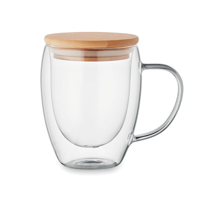 Taza de vidrio con tapa de bambú