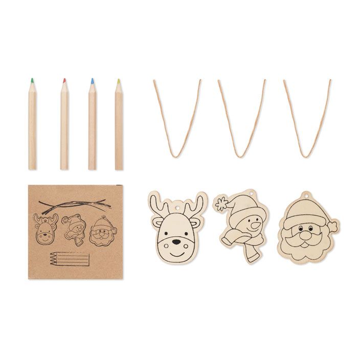 ​Set de 3 adornos navideños de madera con 4 lápices de colores