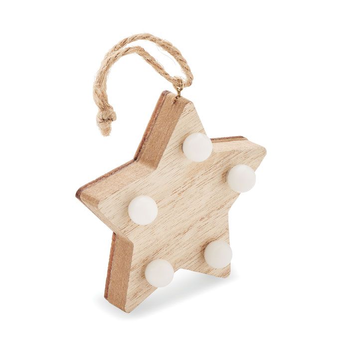 ​Estrella decorada de madera con luz de 6 LED y cuerda para colgar