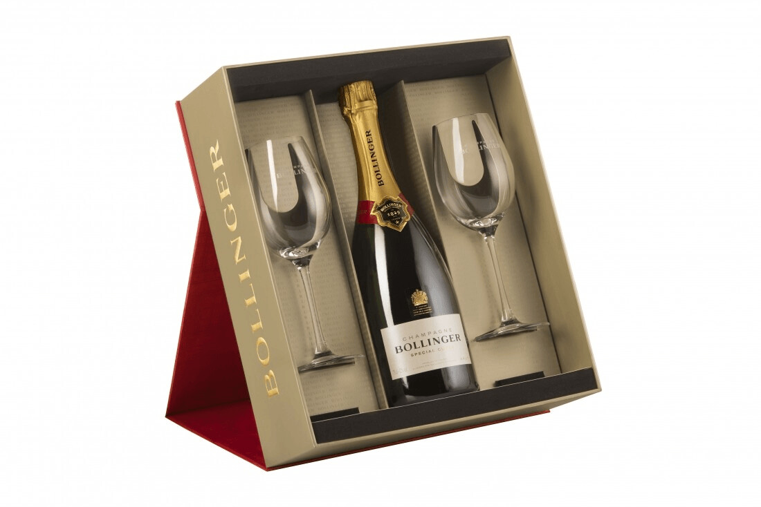 ​Bollinger Champagne Red Gift Box with 2 Elizabeth Glasses 29cl & 1 Bottle Special Cuvée 75cl
