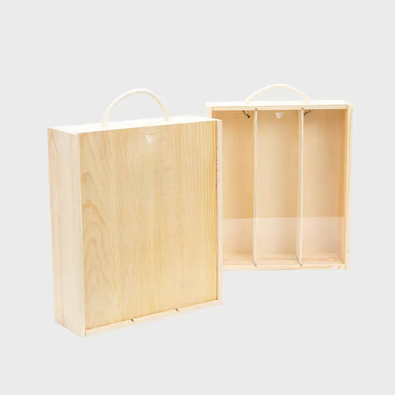 3 btl wooden box with dividers and lid, layered with wood wool