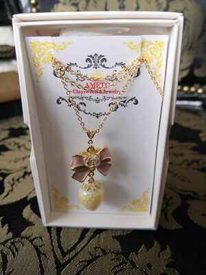 Small strawberry and rose ribbon necklace