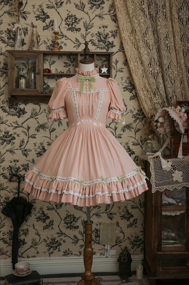 Berceuse Ribbon embroidery one piece, Color: Pink (Short length)