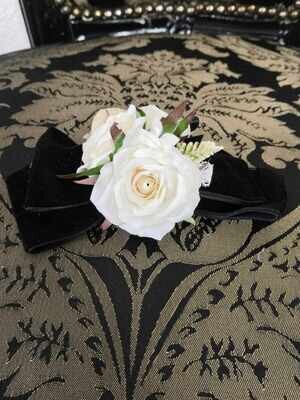 Black velour ribbon white rose corsage