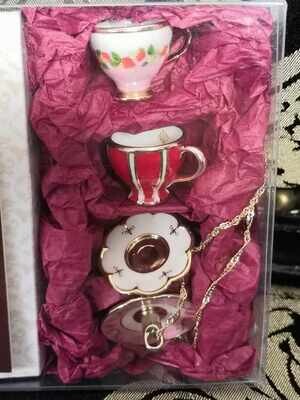 Pink strawberry tea set necklace