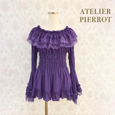 Lace shirring princess sleeve blouse, Color: Purple