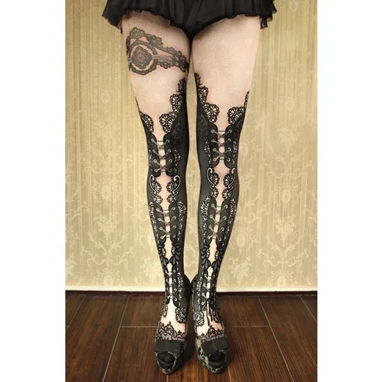 Corset tights DOUBLE LACE - black -