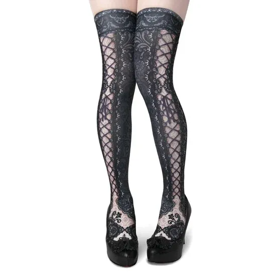 Corset over knee socks SIDE LACE-UP -BLACK-