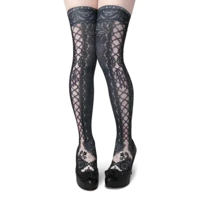 Corset over knee socks SIDE LACE-UP -BLACK-